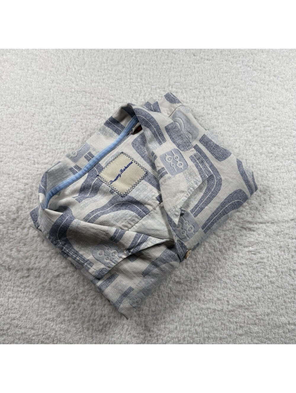 Tommy Bahama XXL 100% Silk Camp Shirt Blue Geometric Embroidered Hawaiian